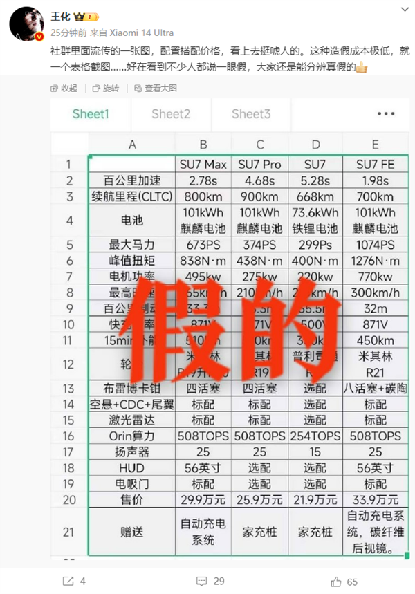 小米SU7配置价格图曝光官方辟谣：很唬人、一眼假插图